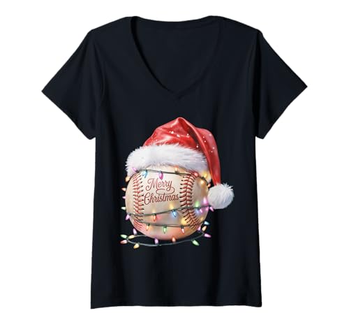 Damen EIN klassischer Baseball mit Weihnachtsmannmütze, der Weihnachten wünscht T-Shirt mit V-Ausschnitt Damen EIN klassischer Baseball mit Weihnachtsmannmütze, der Weihnachten wünscht T-Shirt mit V-Ausschnitt von a classic baseball wearing a Santa hat