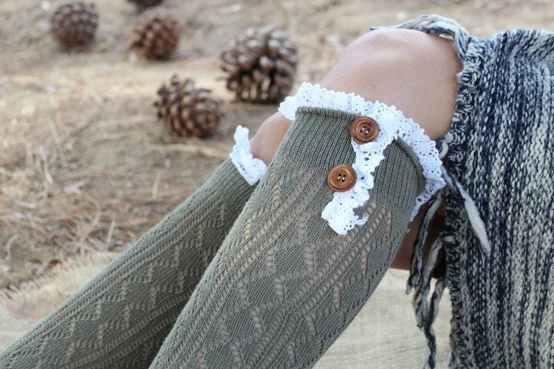 Damen Gestrickte Stiefelsocken Mit Venedig-Spitze Und Knöpfen Süß Warm/Weihnachtsgeschenk von aCutee