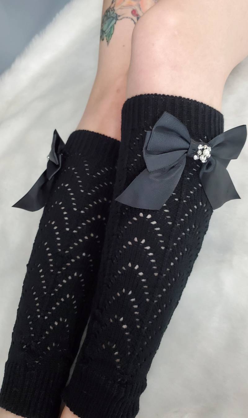 Damen Gestrickte Stulpen Mit Schwarzer Farbe Perlen Schleife Pin Niedlich Und Warm von aCutee