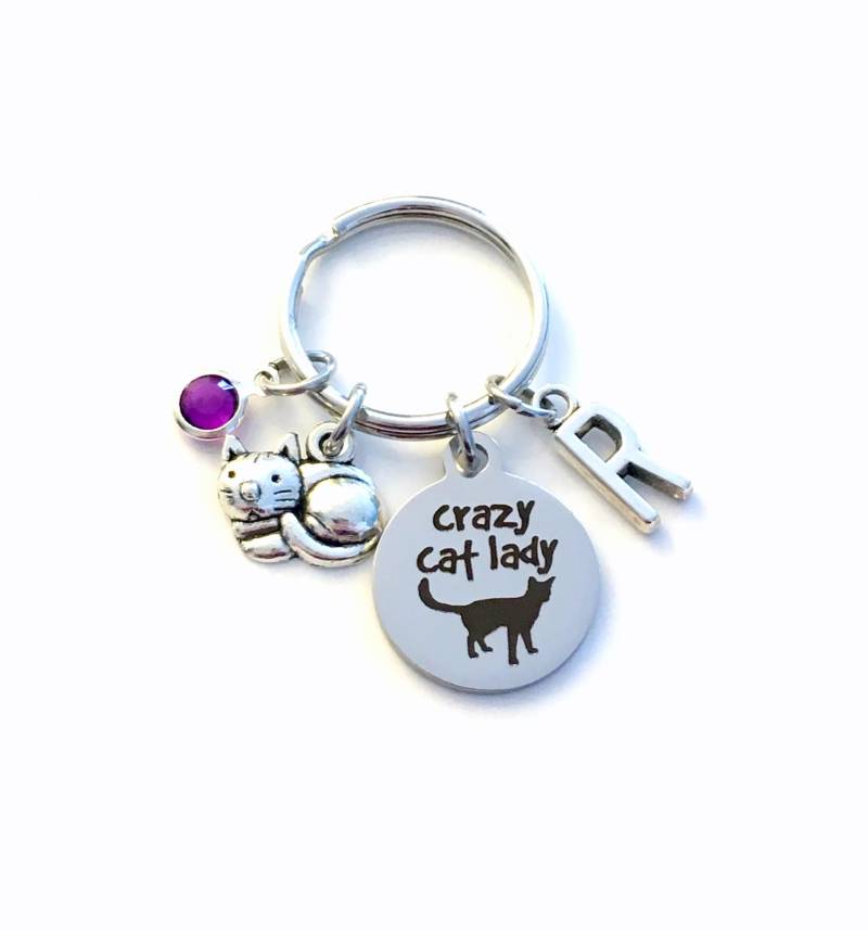Crazy Cat Lady Schlüsselanhänger, Mehrere Buchstaben Oder Geburtssteine 2 3 4 5 6 7 8 9, Geschenk Für Kitty Mom von aJoyfulSurprise