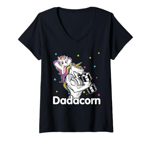 Damen Dadacorn - Muscle Dad and Baby Papacorn Einhorn T-Shirt mit V-Ausschnitt Damen Dadacorn - Muscle Dad and Baby Papacorn Einhorn T-Shirt mit V-Ausschnitt von aRTeo Muscle Dad Unicorn