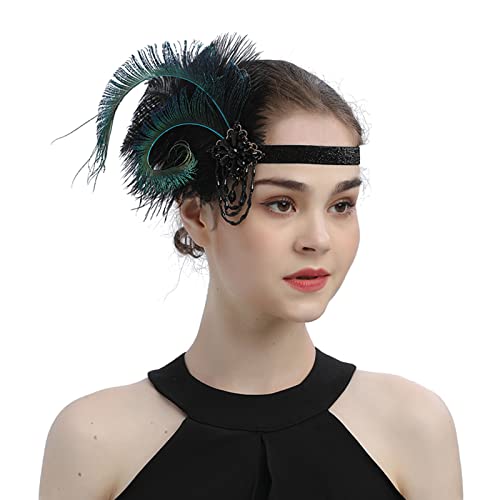 1920er Jahre Flapper Stirnband schwarze Feder Kopfschmuck Strass Haarband Cocktailkopf Zubehör für Damen Stirnbänder Mädchen (Green, One Size) von aaSccex