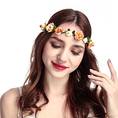 Boho Beach Band Garland Flower Party Kopf Frauen Hochzeit Haare Festival Blume Headband Laufstirnband Damen Winter Schwarz (Orange, One Size) von aaSccex