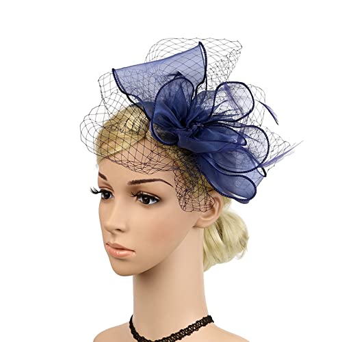Damen Kopfbedeckung Retro Party Party Abendessen Kopfbedeckung Blumenhut Braut Kopfbedeckung Europäische und amerikanische Kopfbedeckung Stirnband Laufen (Navy, One Size) von aaSccex
