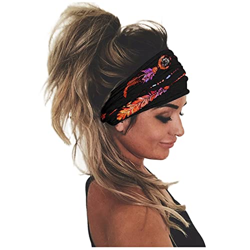 Drucken elastische Haare Haarbügeln mit einem Kopfhörer am Kopf des Bandan-Bandes Joggen Stirnband Damen (Black, One Size) von aaSccex
