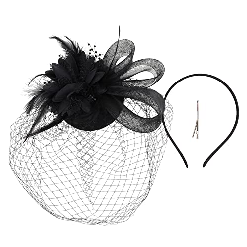 Europäischer Vintage-Vening-Bankett-Feder-Blumen-Haarschmuck-Hut für Damen Haarbänder (Black, One Size) von aaSccex