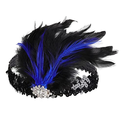 Flapper-Stirnband, schwarze Feder, Kopfschmuck, Strass-Haarband, Cocktailkopf-Accessoires für Damen Haarband Neon (Blue, One Size) von aaSccex