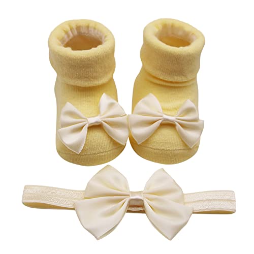 Kinder Kindersocken weicher Boden Kleinkind Schuhe Socken Bowkot Prinzessin Socken Bodensocken 1PC Socken + 1PC Schleife Haarband Baby Socken Mädchen Mit Rüschen (Yellow, S Infant) von aaSccex