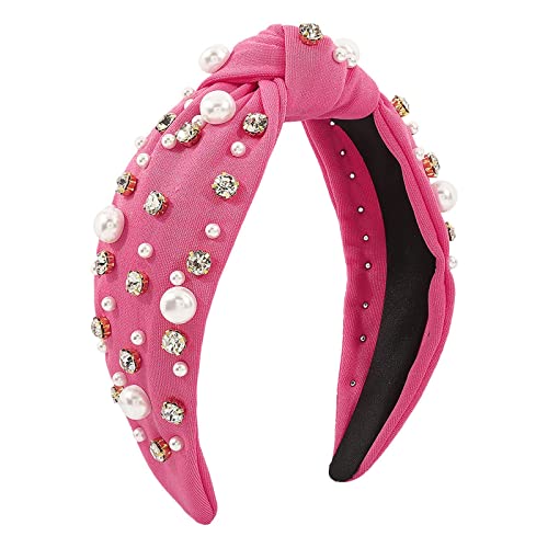 Modische Stirnbänder für Frauen Mädchen Stirnbänder Vintage Stirnband breiter Knoten Perlen Haarreifen für lässige Hochzeit Outdoor Equipment Damen (Hot Pink, One Size) von aaSccex