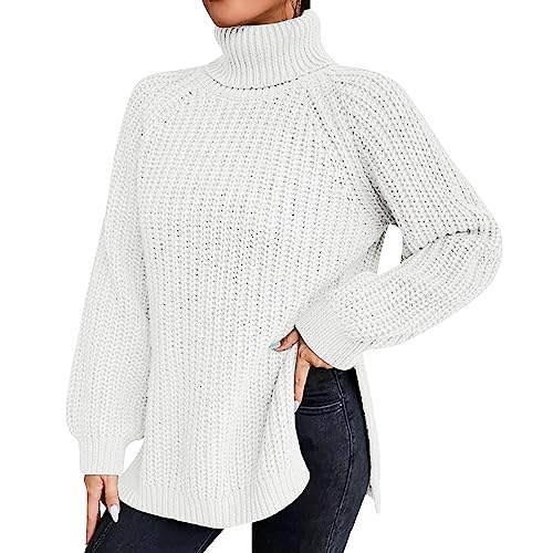 Rollkragenpullover Damen Baumwolle Strickpullover Damen Lang Grobstrickpullover Oversize Kuschelpullover Flauschig Winterpullover Warm Lang Longpullover Lässig Sweatshirt Baumwolle Strickpullover von aaSccex