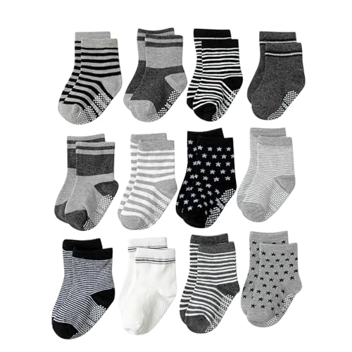 aaSccex 12er-Pack Neugeborene Baby Kleinkind Kleinkind Unisex Socken Baby Mädchen Junge Streifen Drucke Rutschfeste Bodensocken Babysachen Junge (Grey, 0-12 Months) von aaSccex