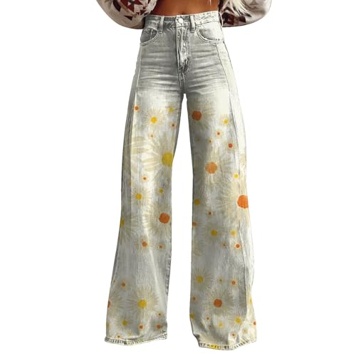 aaSccex Jeanshose Damen Weites Bein - Schlupfhose Damen Baumwolle Lässige Hose Vintage-Stil Mit Blumen Hosenanzug Stoffhose Schlaghose Sommerhose Leicht Yogahose Chinohose Sweathose Relaxhose von aaSccex