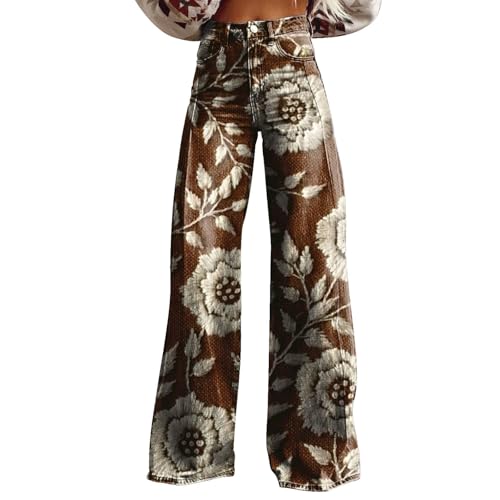 aaSccex Jeanshose Damen Weites Bein - Schlupfhose Damen Baumwolle Lässige Hose Vintage-Stil Mit Blumen Hosenanzug Stoffhose Schlaghose Sommerhose Leicht Yogahose Chinohose Sweathose Relaxhose von aaSccex