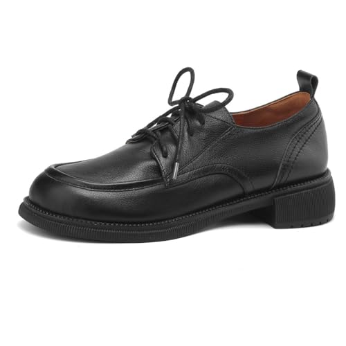 aanieshoeya Derby Damen Oxford Schnürhalbschuhe Leder Elegant Absatz Blockabsatz Schwarz 37CN 37EU 23.5cm von aanieshoeya