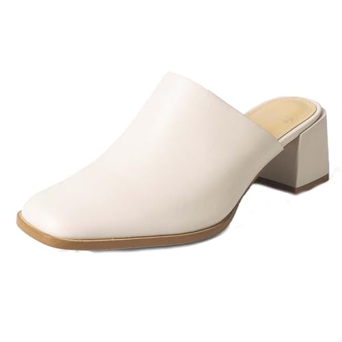 aanieshoeya Mules Damen Closed Toe Leder Elegant Comfort Pantoletten Blockabsatz Absatz Women Sommer Beige 35CN 35EU 22.5cm von aanieshoeya