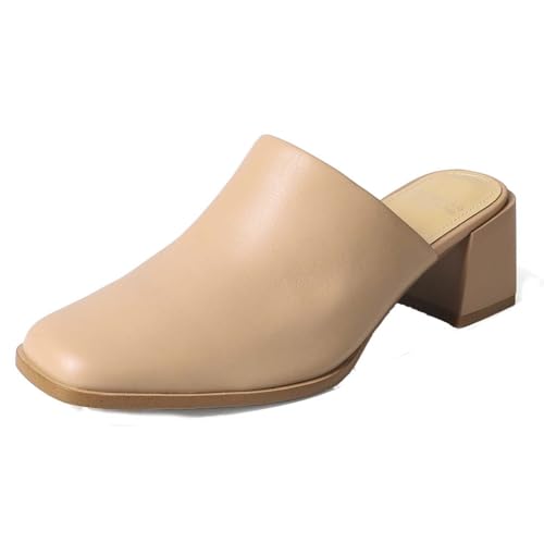 aanieshoeya Mules Damen Closed Toe Leder Elegant Comfort Pantoletten Blockabsatz Absatz Women Sommer Khaki 35CN 35EU 22.5cm von aanieshoeya