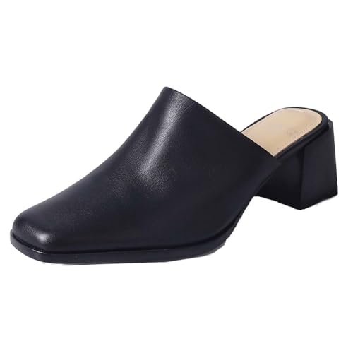 aanieshoeya Mules Damen Closed Toe Leder Elegant Comfort Pantoletten Blockabsatz Absatz Women Sommer Schwarz 36CN 36EU 23cm von aanieshoeya