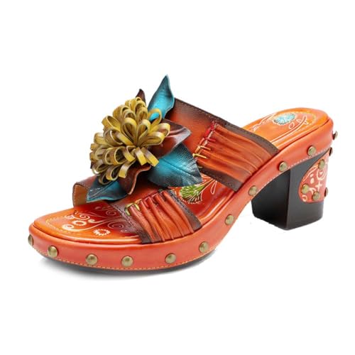 aanieshoeya Mules Damen Elegant Comfort Pantoletten Sandalen for Women High Heels Blockabsatz Sommer Orange 39EU von aanieshoeya