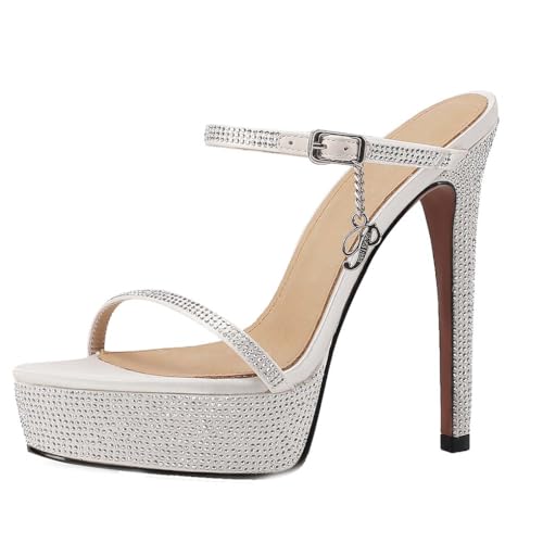 aanieshoeya Mules Damen Elegant Pantoletten Glitzer Strass Sandalen High Heels Absatz Plateau Sommer Beige 35CN 35EU 22.5cm von aanieshoeya