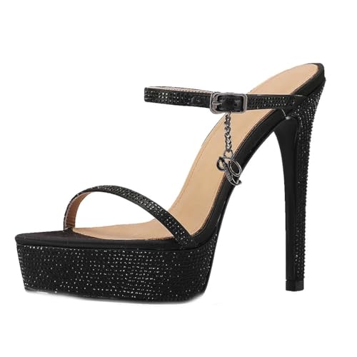 aanieshoeya Mules Damen Elegant Pantoletten Glitzer Strass Sandalen High Heels Absatz Plateau Sommer Schwarz 35CN 35EU 22.5cm von aanieshoeya