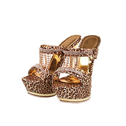 aanieshoeya Pantoletten Damen Comfort Elegant Sandalen Strass Leopard High Heels Absatz Sommer Braun 39CN 38EU 24.5cm von aanieshoeya