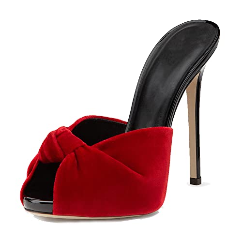aanieshoeya Pantoletten Damen Samt Schleife Elegant Sandalen High Heels Absatz Sommer Rot 36EU von aanieshoeya