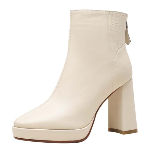 aanieshoeya Stiefeletten Damen Elegant Kurzschaft Ankle Boots Stiefel Blockabsatz High Heels Women Beige 36CN 36EU 23cm von aanieshoeya