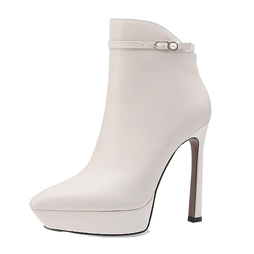 aanieshoeya Stiefeletten Damen Elegant Kurzschaft Leder Ankle Boots for Women High Heels Absatz Plateau 1162 Beige 36CN 36EU 23cm von aanieshoeya