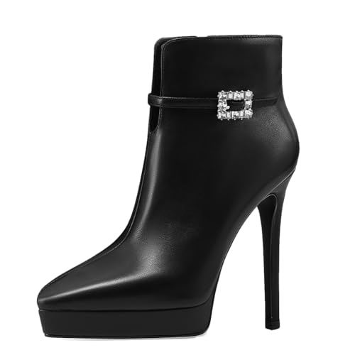 aanieshoeya Stiefeletten Damen Elegant Leder Ankle Boots for Women Stiefel mit Strass High Heels Absatz Schwarz 40CN 39EU 25cm von aanieshoeya