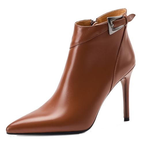 aanieshoeya Stiefeletten Damen Elegant Leder Stiefel Ankle Boots for Women High Heels Absatz Braun 40CN 39EU 25cm von aanieshoeya