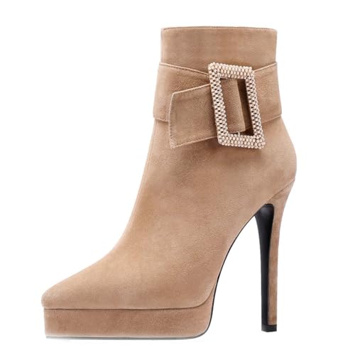 aanieshoeya Stiefeletten Damen Kurzschaft Leder Stiefel Elegant Ankle Boots for Women Strass Absatz High Heels Plateau Khaki 36CN 36EU 23cm von aanieshoeya