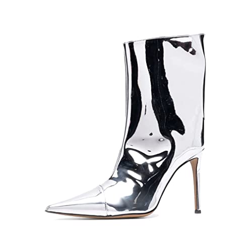 aanieshoeya Stiefeletten Damen Lack Modern Elegant Ankle Boots High Heels Absatz Herbst Silber 40EU von aanieshoeya
