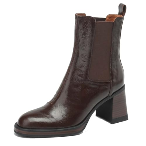 aanieshoeya Stiefeletten Damen Leder Chelsea Boots Elegant Kurzschaft Ankle Stiefel Absatz Blockabsatz High Heels Braun 38CN 37.5EU 24cm von aanieshoeya