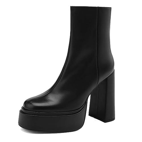 aanieshoeya Stiefeletten Damen Leder Elegant Stiefel Ankle Boots Kurzschaft High Heels Blockabsatz Plateau Schwarz 40CN 39EU 25cm von aanieshoeya