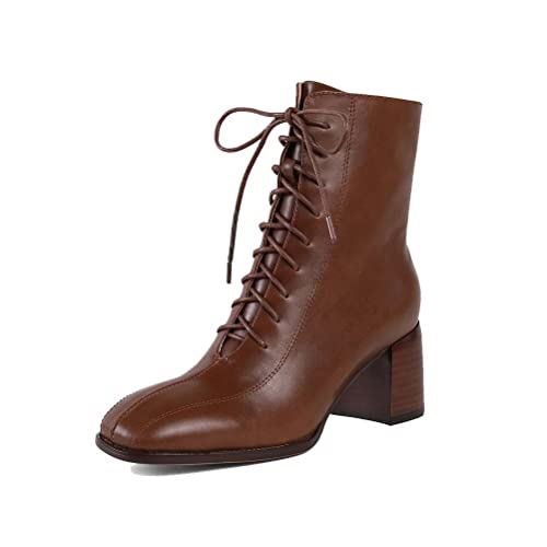 aanieshoeya Stiefeletten Damen Leder Kurzschaft Biker Boots Blockabsatz Absatz Herbst Winter Braun 37CN 37EU 23.5cm von aanieshoeya