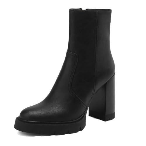 aanieshoeya Stiefeletten Damen Leder Kurzschaft Stiefel Ankle Boots for Women High Heels Blockabsatz Plateau Schwarz 40CN 39EU 25cm von aanieshoeya