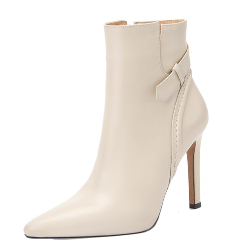aanieshoeya Stiefeletten Damen Stiefel Ankle Boots mit Schnalle for Women Leder Elegant High Heels Absatz Beige 36CN 36EU 23cm von aanieshoeya