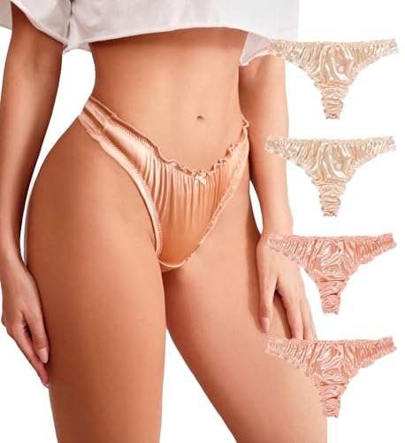 abandi Damen Satin Tangas Seide Gefühl Bikini Slip Unterwäsche Geraffte G-String Thong Höschen Glatte Höschen 4 Pack, Pink 002, M von abandi