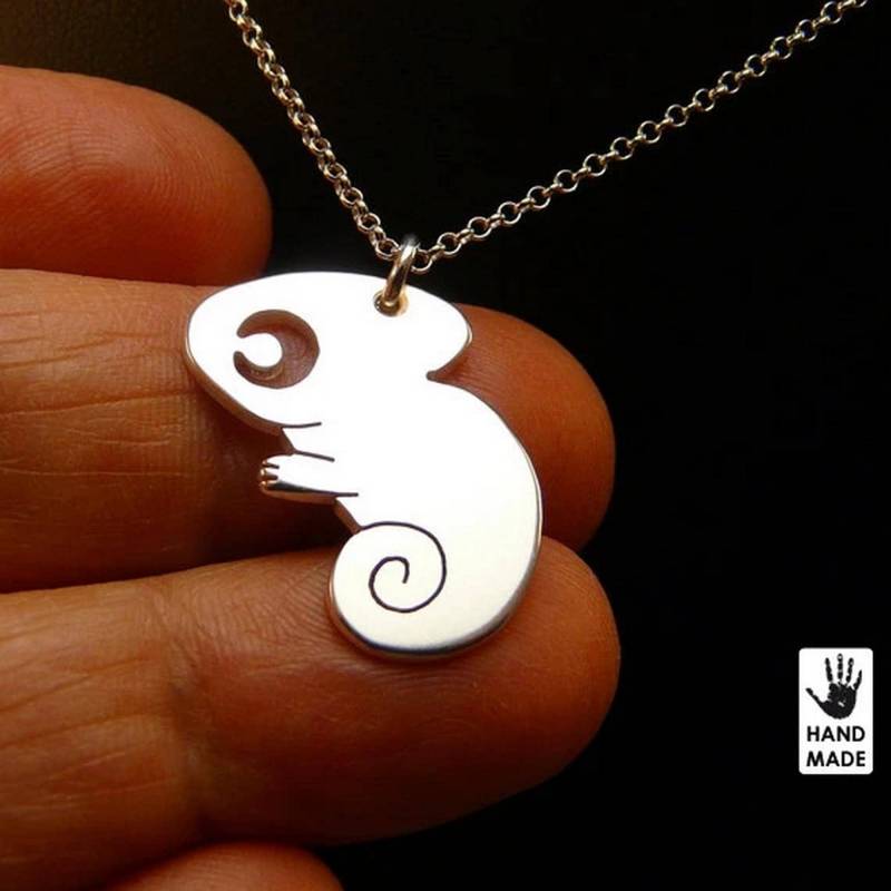 Dschungel Ninja Chamäleon Tier, Sterling Silber .925 Kette & Dicker Massiver Anhänger, Handgemacht von abcSilver