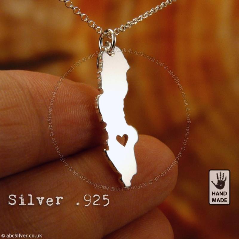 Schweden Karte Sverige, Sterling Silber .925 Kette & Dicker Massiver Anhänger, Handgefertigt Personalisiert von abcSilver