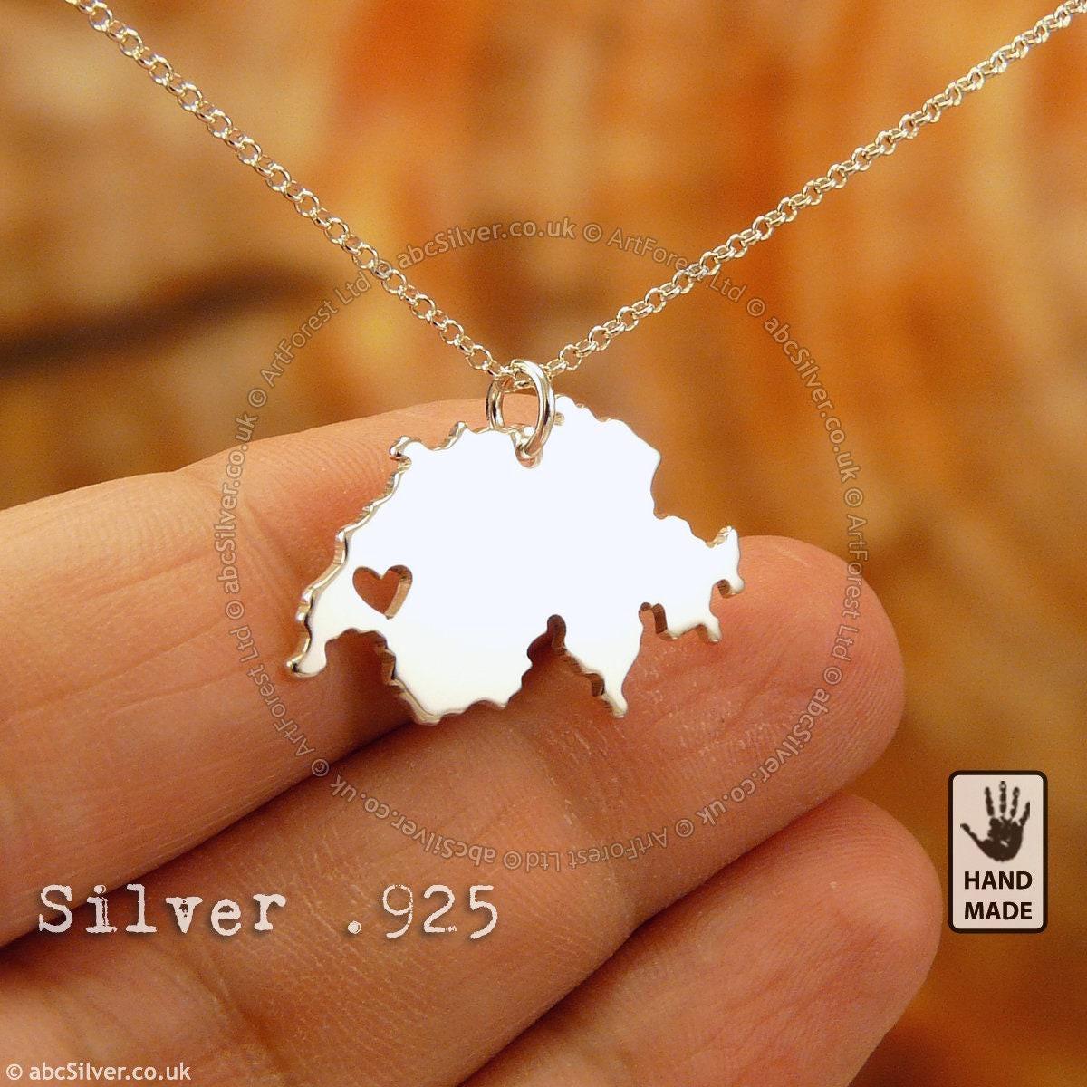 Schweiz Karte Bern, Sterling Silber .925 Kette & Massiv Anhänger, Handgemacht Personalisiert von abcSilver