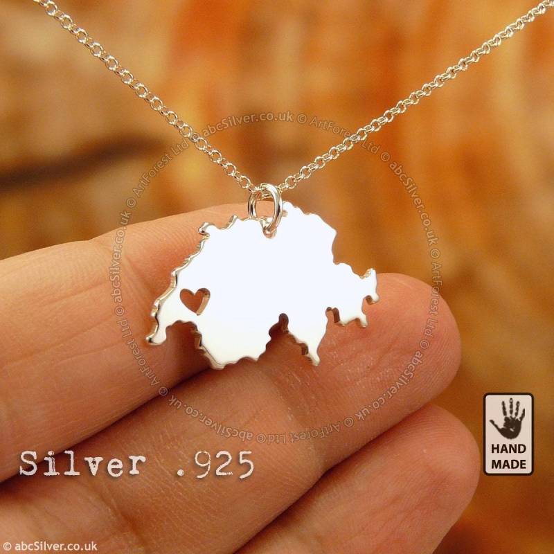 Schweiz Karte Bern, Sterling Silber .925 Kette & Massiv Anhänger, Handgemacht Personalisiert von abcSilver