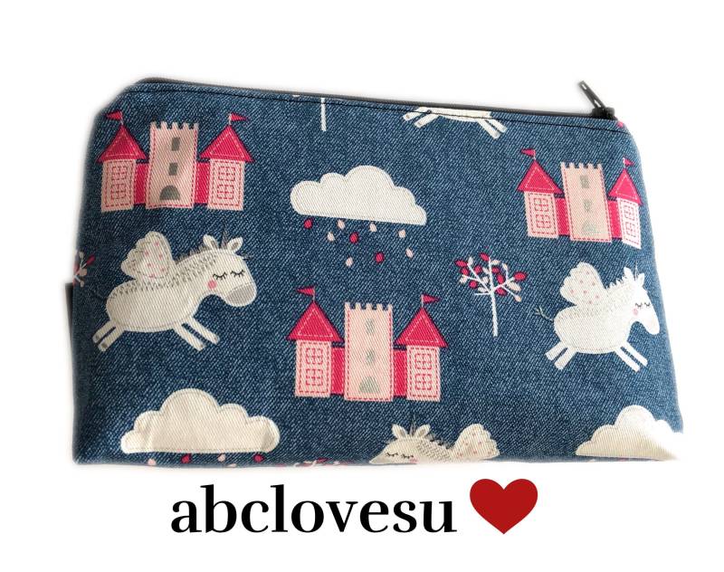 Unicorn Zipper Pouch Schminktasche Aus Denim Mit Tasche von abclovesu