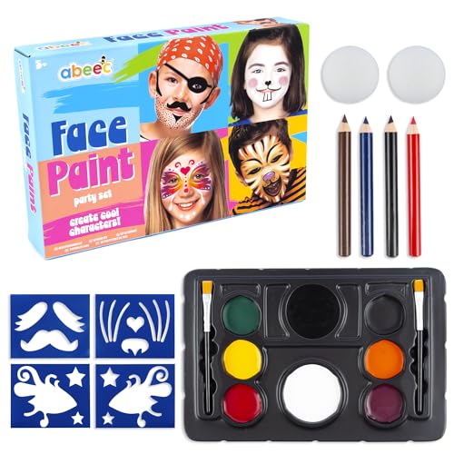abeec Face Paint Kit, Ultimative Gesichtsfarben für Kinder, enthalten 7 Make Up Farben, Make-up-Pinsel, Bleistifte, Schwämme & Gesichtsbemalungsschablonen für Jungen und Mädchen, Halloween und von abeec