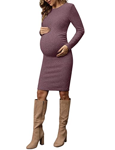 abkylie Seitliches Rüschen-Strick-Rippen-Umstandskleid/figurbetontes Kleid mit langen Ärmeln, Herbst, lässig, Wistful Mauve, X-Groß von abkylie