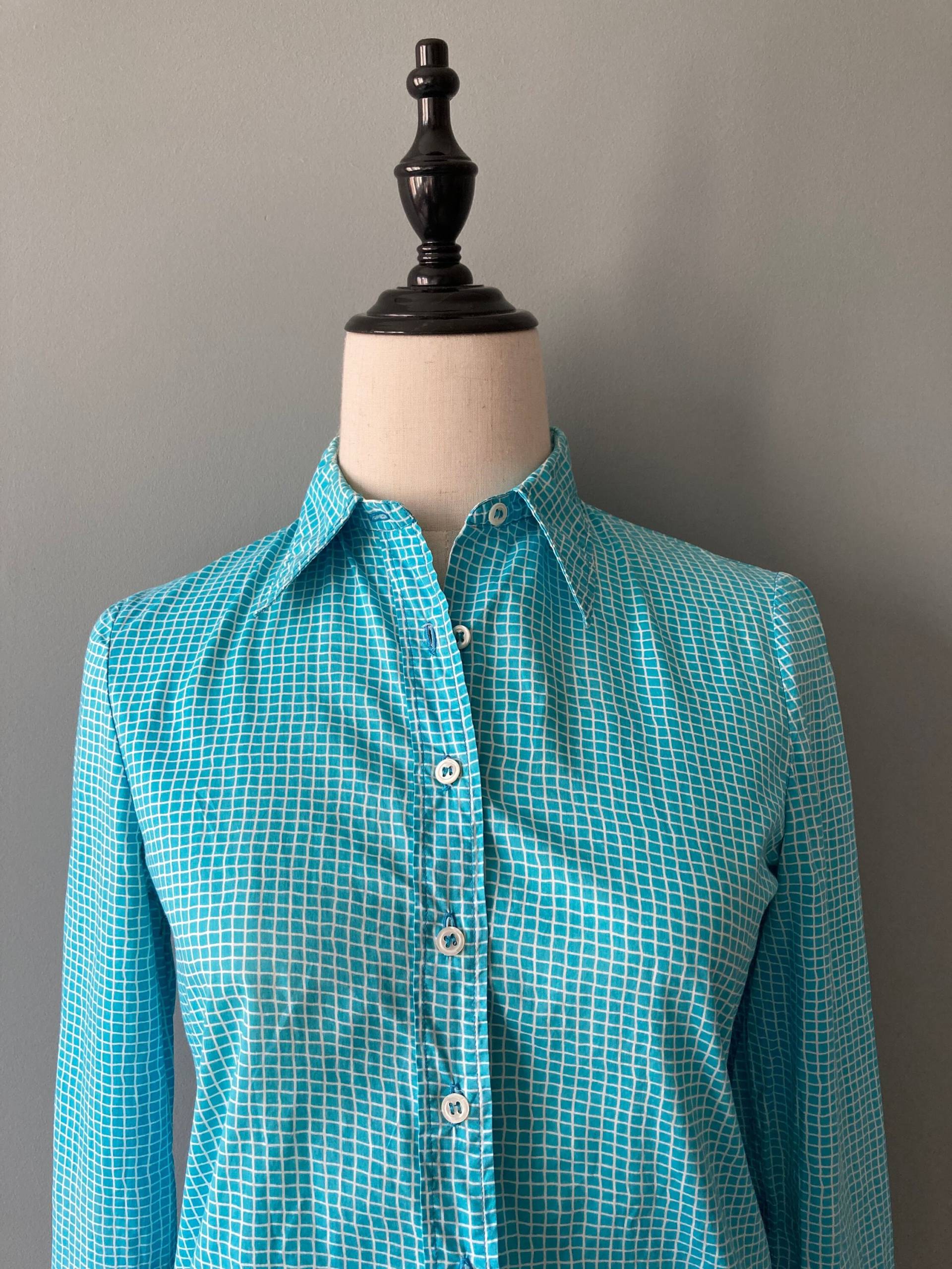 Cacharel 1970Er Türkis Blau Kariert Baumwollshirt/Extra Klein Cacharel 1970Er Türkis Blau Kariert Baumwollshirt/Extra Klein von acapulco78vintage