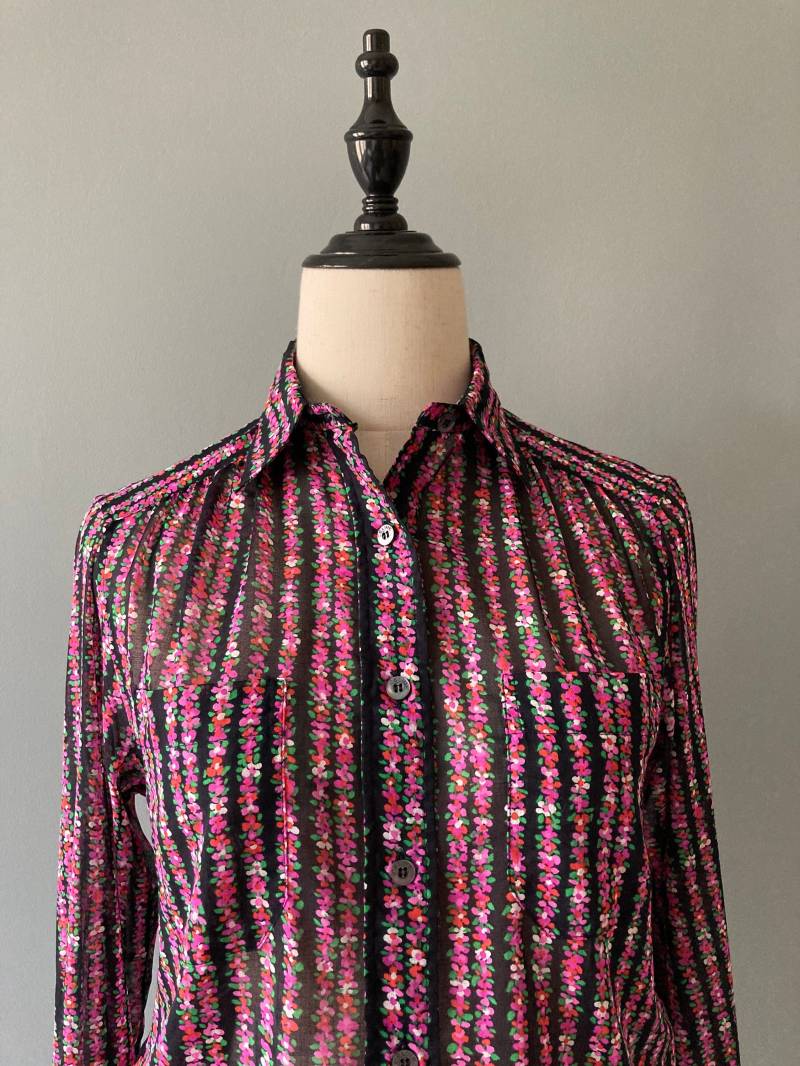 Céline 1970Er Schwarz Rosa Blumen Baumwollshirt/Klein Céline 1970Er Schwarz Rosa Blumen Baumwollshirt/Klein von acapulco78vintage