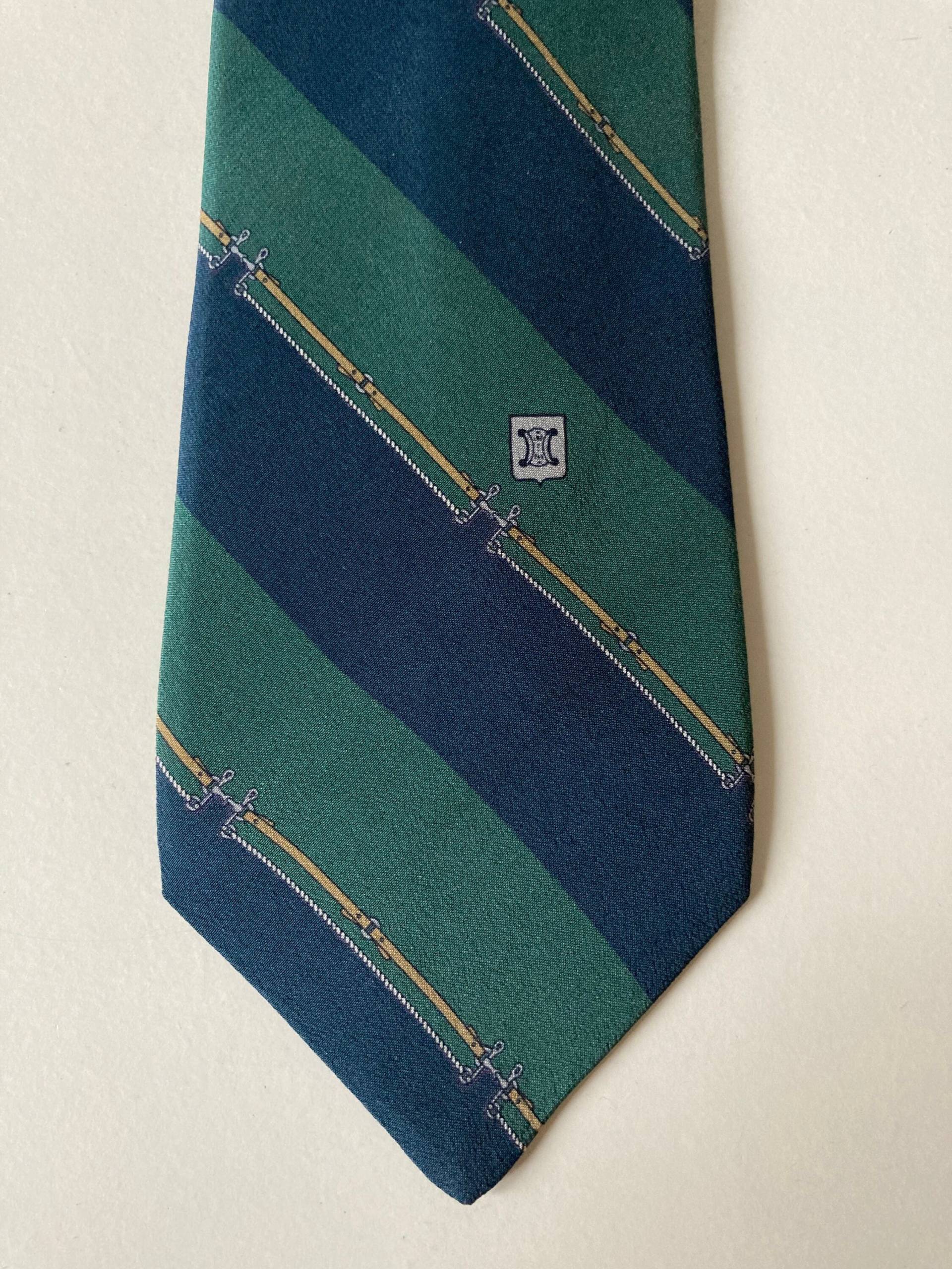 Céline 1980Er Blau Grün Streifen Seidenkrawatte/Einheitsgröße Céline 1980Er Blau Grün Streifen Seidenkrawatte/Einheitsgröße von acapulco78vintage