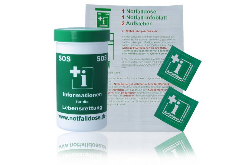 acavi Erste-Hilfe-Set Notfalldose SOS mit individual Notfall-Infoblatt und 2 Aufklebern, (Komplett-Set, 1 St), Lebensrettende Informationen griffbereit aufbewahren von acavi