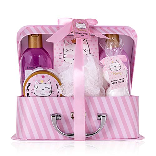 Accentra – Geschenkset Princess Kitty für Mädchen & Frauen – 7-teiliges Duschset mit Schaumbad, Badebomben, Duschgel, Bodylotion & mehr – Pflegeset mit Erdbeer & Vanille Duft im süßen Papierkoffer von accentra